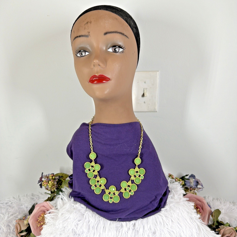 Green Faceted Bead Statement Necklace Gold Tone Cluster Bib Adjustable Fashion